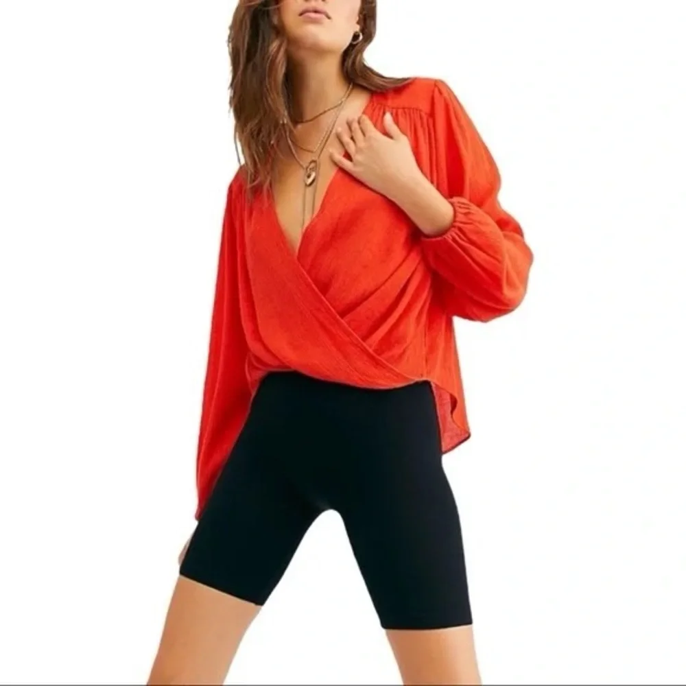 Free People Check On It Wrap Crinkle Crepe Blouse Top in Flame Red, size M
